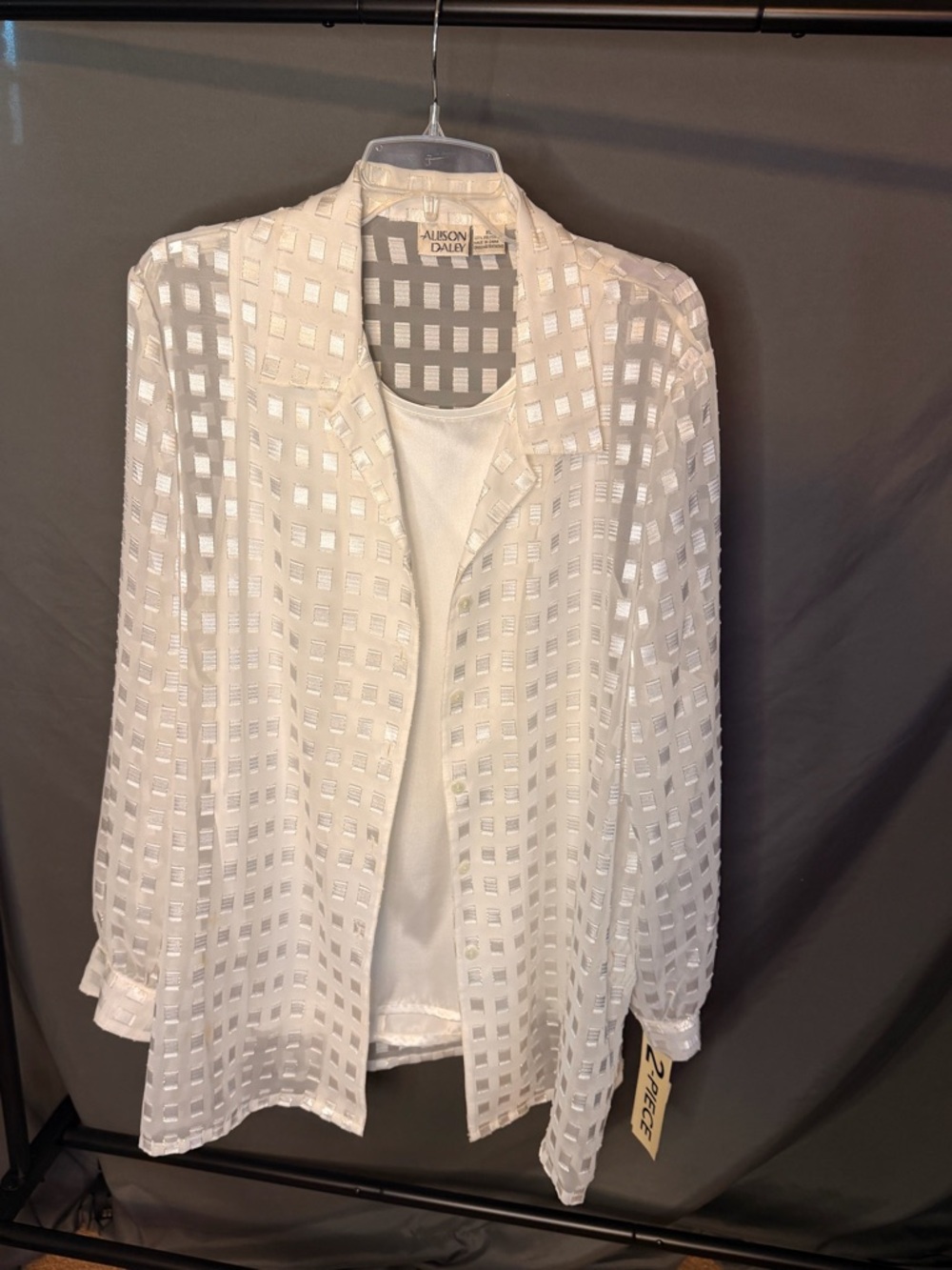 Allison Daley White Sheer Checkered Button-Front Top